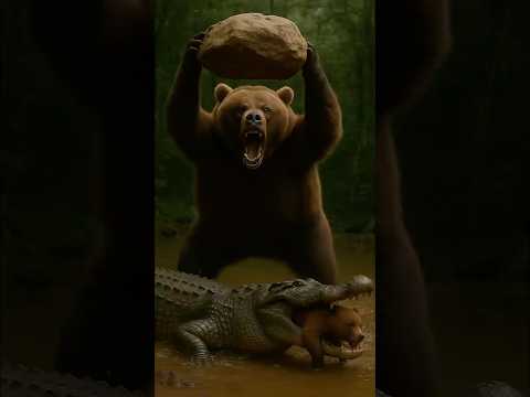 The little brown bear was bitten by the crocodile. Its mother was very angry.#Brown Bear #Crocodile