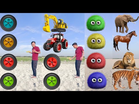 tractor wheel to bulldozer, tractor, truck, bike & furry head to elephant, horse, lion, tiger -video