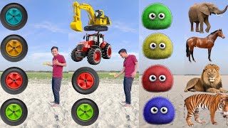 tractor wheel to bulldozer, tractor, truck, bike & furry head to elephant, horse, lion, tiger -video