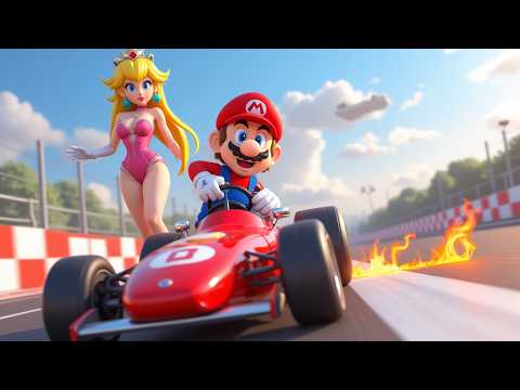 Mario and giant giantess Princess Peach in Super Mario Kart World race