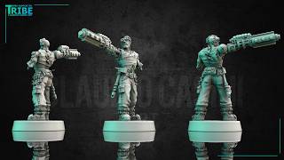 3D print miniatures, post-apocalyptic creature, cyborg male man hunter
