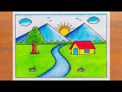 प्राकृतिक दृश्य चित्र / How to Draw Beautiful Landscape Easy step by step / Village Scenery Drawing