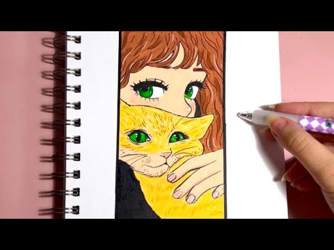 تعلم رسم فتاة مع قطتها بالخطوات | how to draw a girl