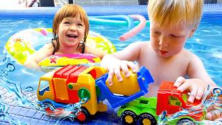 Bianca and Karl Play with Toy Construction Vehicles in the Pool | Kids Family Vlog