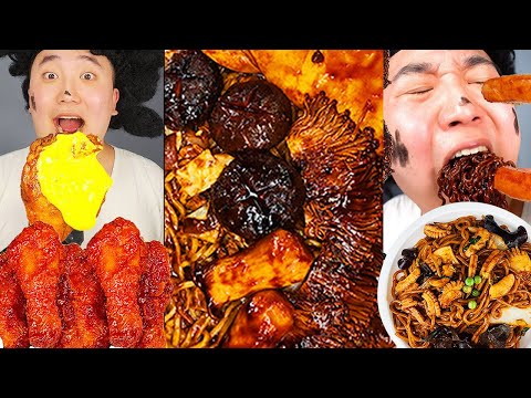 ASMR MUKBANG| Fire spicy Black bean Mushrooms, Kielbasa Sausage, Seasoned Chicken, Noodles