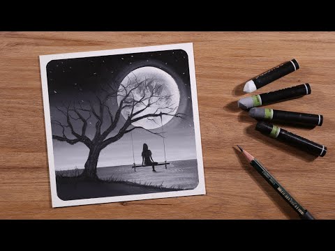 Beautiful Black and White Scenery / Drawing with Oil Pastels / Step by Step