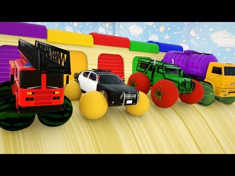 Learn Colors with Police fire cars truck, Fruit Wheel Stick - Cars Cartoon Assembly Tyre
