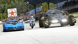 Yamaha R1 vs Batmobile vs Bugatti Centodieci at Old SPA