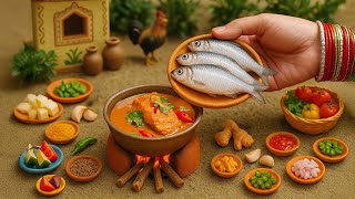 Satisfying Miniature Spicy Fish Curry Recipe 🐟🔥 Tiny Village Clay Stove Cooking