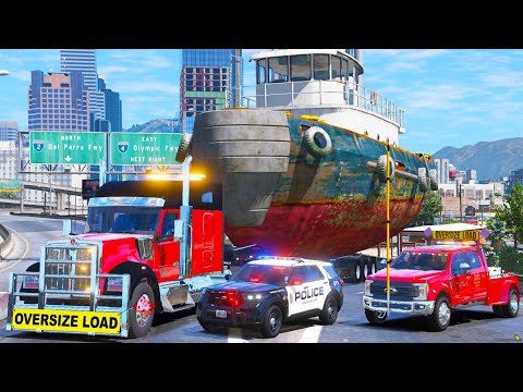 Hauling Large Tug Boat Through The City in GTA 5 RP!