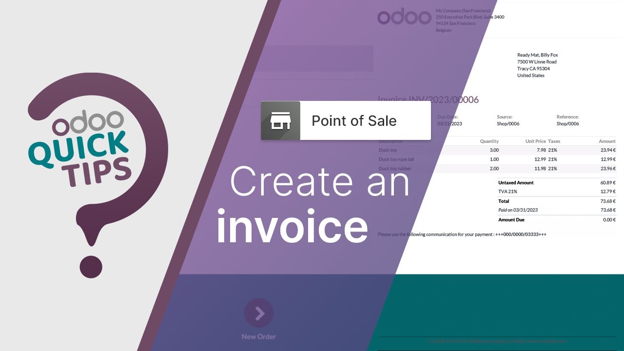 Odoo Quick Tips - Create an invoice in Point of Sale [Point of Sale] | 4/3/2023

Odoo Point of Sale is your free and user-friendly POS system to run your store or restaurant efficiently. Set it up in minutes, and ...