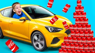 Пирамида из газировки! Переехали машиной 100 банок! Челлендж