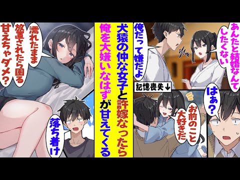 【漫画】犬猿の仲だった女子と許嫁になって同棲することに。愛なき夫婦生活になると思っていたが、彼女が交通事故に遭って記憶喪失になった結果→俺のことを嫌いなことを忘れてしまい、過剰に俺を愛することに！？