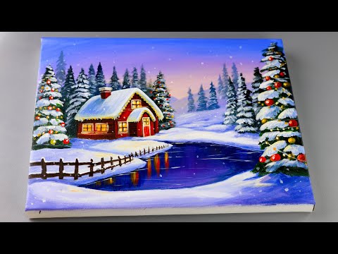 Christmas Painting Tutorial / Winter Scenery / Acrylic Painting Techniques