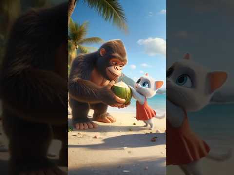 Cute kitten of cat befriends King Kong at beach  #cat #cutecat #catlover