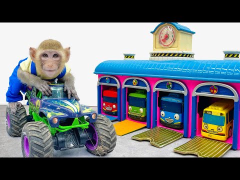 Monkey BoBo play Tayo the Little Bus Parking Garage Playset with Cute Duckling on Monster Truck