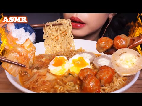 ASMR Shin Ramyun NOODLES with Kimchi & Bakso Gochujang MEATBALLS (+ SECRET MENU 😌) | Eating Sounds