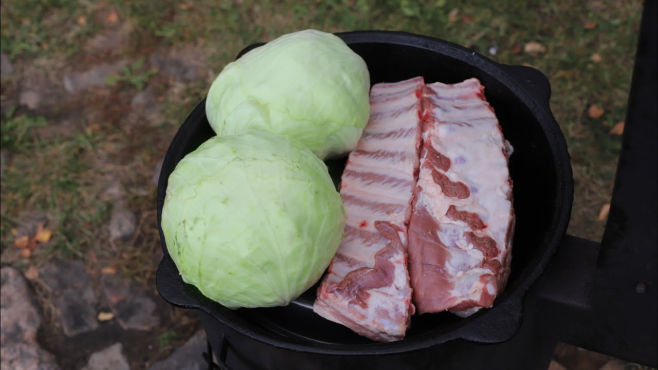 Ребра в капусте. Вкусный ужин в казане.