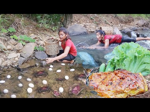 Adventure in forest, Catch and cook big fish for jungle food, Pork salad braised tasty for dinner