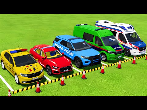 DACIA, AUDI, FORD, VOLKSWAGEN POLICE CARS & MERCEDES AMBULANCE VEHICLES TRANSPORTING ! FS22