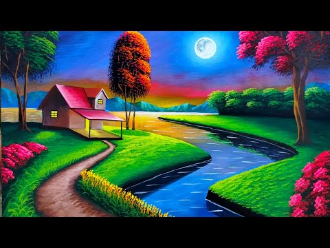 Painting of a Beautiful Moonlight night nature scenery painting | painting 542