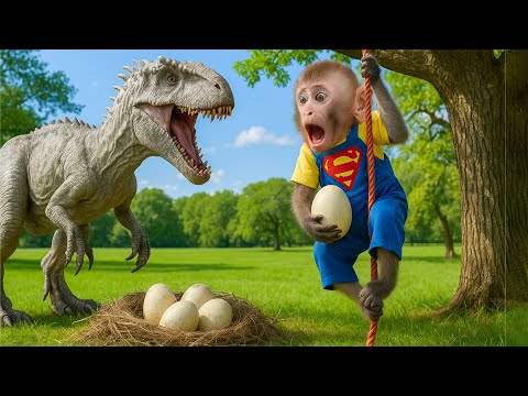 Monkey BoBo takes away food right in front of dinosaur  | Kartun Monyet Lucu | Animals Smart HT