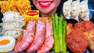 ASMR MAGGI MASALA NOODLES, FRIED CHICKEN, RED SHRIMP, DUMPLING, ASPARAGUS MASSIVE Eating Sounds