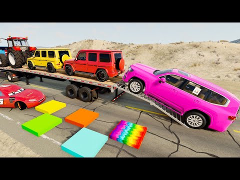 Flatbed Truck Mcqueen | Transportation with Truck - Pothole vs Car #9 - BeamNG.Drive