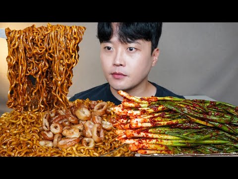 막창 짜파게티 파김치 먹방 Green Onion Kimchi & Black Bean Noodles ASMR MUKBANG REAL SOUND EATING SHOW