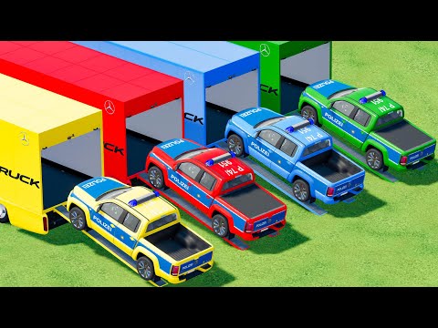 GARAGE with COLORS ! TRANSPORTING POLICE CARS with COLORS TRUCKS ! Farming Simulator 22