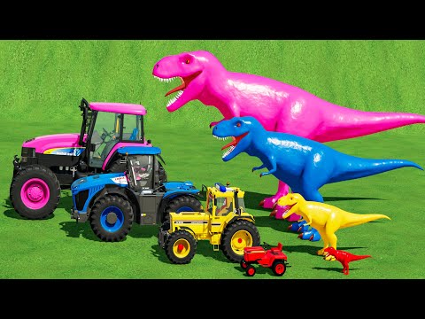 TRANSPORTING Mini to Big TRACTORS & DINOSORUS with TESLATRUCK & JCB FASTRAC LOADERS!! FS22