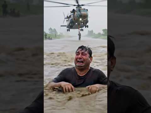 Cobra helicopter is rescue a poor man 😭😭 in flood 🌧️⛈️