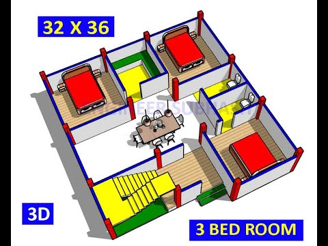 Modern House Design with 3 bedroom II 3bhk house plan with interior design II 32x36 ghar ka naksha