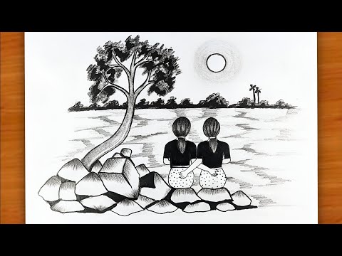 Best Friend ♥ Pencil sketch - Two best friend Sitting River side Scenery drawing | Friendship day