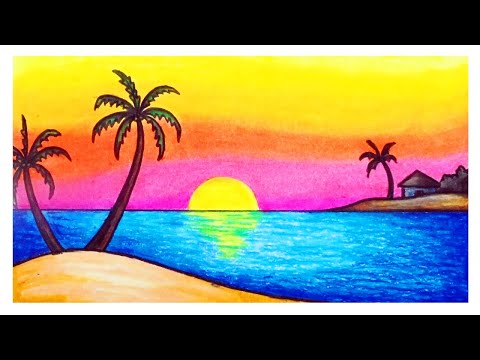 Scenery Drawing | How To Draw Easy Sunset Scenery In Beach With Oil Pastels