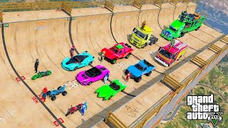 Colored Spiderman & Super Heroes driving Super Cars & Big Trucks in long race track