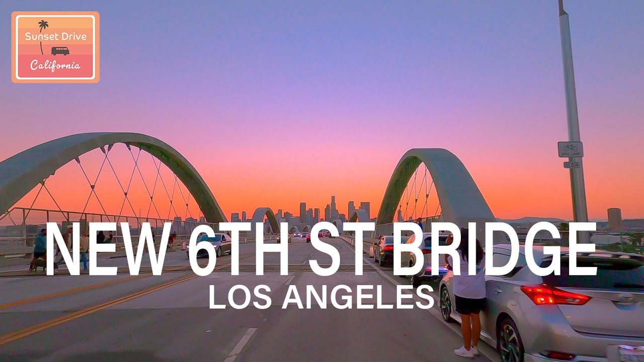 Driving Newly Opened 6th Street Bridge in Los Angeles, California at Sunset Time July 2022