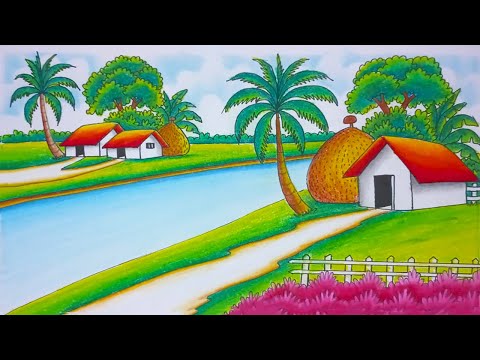 How to draw easy scenery drawing with oil pastel landscape village scenery drawing step by step