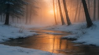 Watercolor Winter Scene – Soft Snow, Mist, and Sunrise Glow