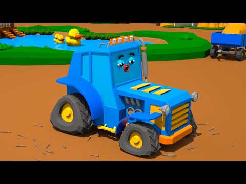 Tractor hit the nails and the wheels went down - Cars Town - Cartoons for Kids