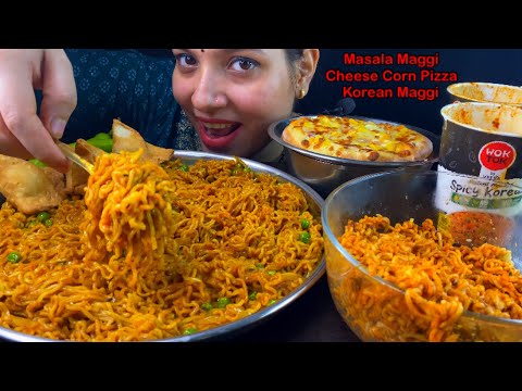 Eating Spicy🔥 Indian Maggi Masala, Korean Noodles, Cheese Corn Pizza | Indian Maggi Eating Mukbang