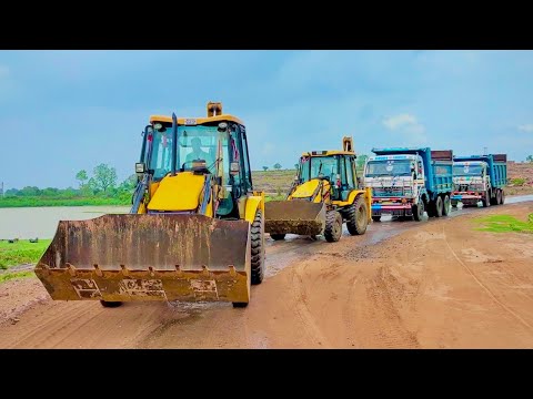 2 JCB 3dx Machines Loading Mud in TATA Dump Trucks Tippers together working with JCB 3dx Xpert