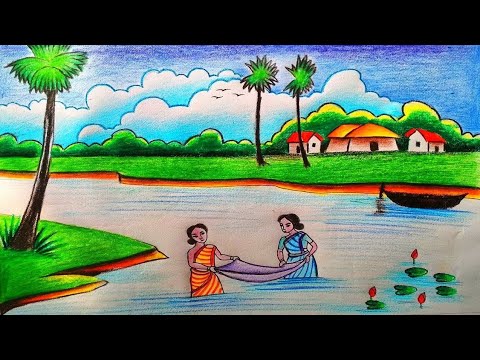 Village scenery drawing __ easy landscape drawing _ drawing of catching fish @Aryanvermastudios