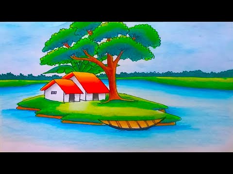 How to draw easy scenery drawing riverside village with rainy season scenery drawing