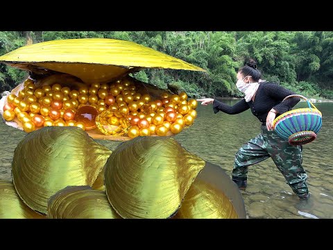 😱The girl discovered a sparkling giant clam filled with enchanting golden pearls, priceless in value