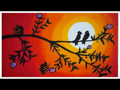 Scenery Drawing | How To Draw Easy Sunlit Love Bird Scenery With Oil Pastels