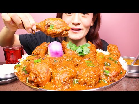 SPICY BUTTER CHICKEN MASALA CURRY, BASMATI RICE AND RAITA #ASMR/EATING SHOW BIG BITES #MUKBANG