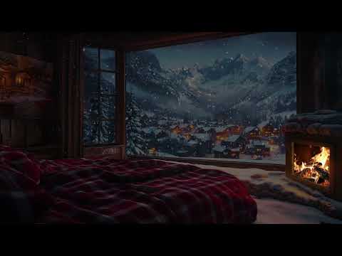 Tranquil Cabin Night: Falling Snow & Ember Warmth for Inner Calm