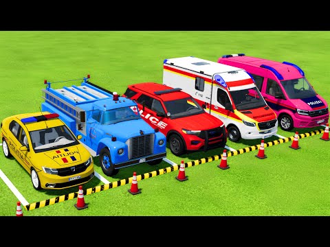 TRANSPORTING POLICE CARS, FIRE DEPARTMENT and AMBULANCE VEHICLES WITH TRUCKS TO THE GARAGE ! FS22