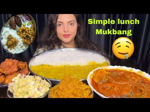 Eating Dal, Chawal, Spicy Fish Kalia, Egg Aloo Bharta, Vegetable Curry, Veg Pakode| ASMR Eating Show